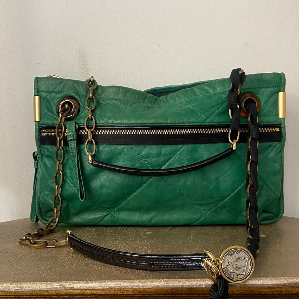 Lavin Vtg Green Quilted / Ribbon Chain Strap Bag